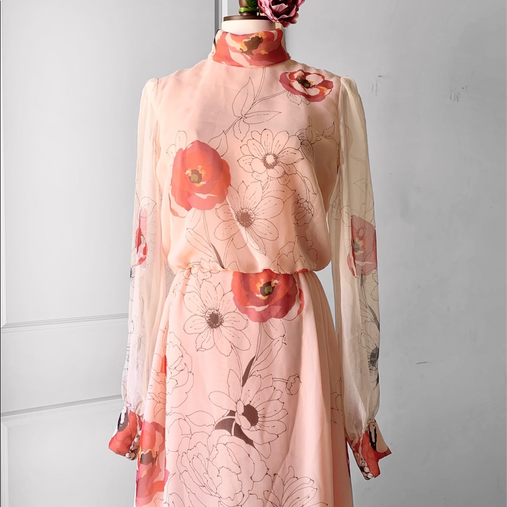 Vintage 1960's Poppy Floral Maxi Long Sheer Sleeve Dress RARE OOAK - Picture 3 of 17